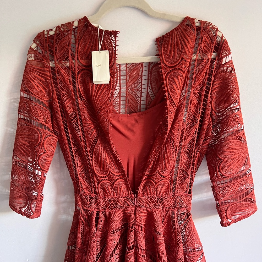 Maje Red Sundress with 3/4 Sleeves and Scoop Neck